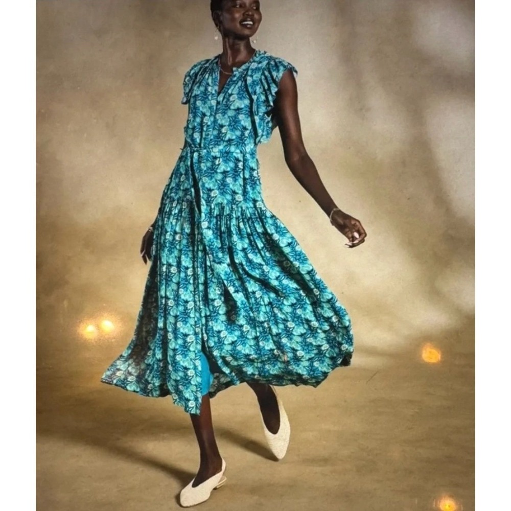 Sundance Tierra Midi Dress Ruffe Blue Moon Garden Floral Tiered Petite M No Slip